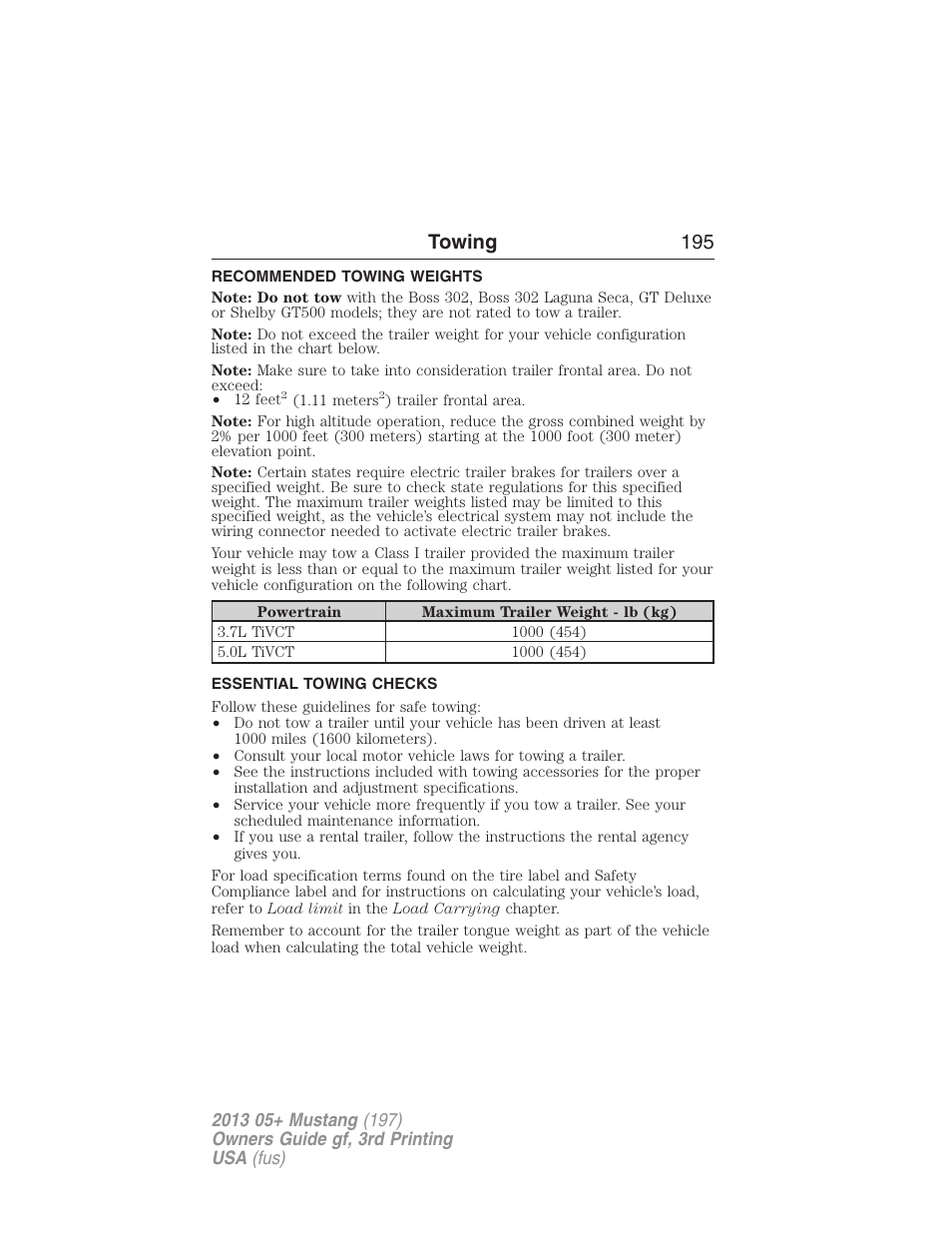 Recommended towing weights, Essential towing checks, Towing 195 | FORD 2013 Mustang v.3 User Manual | Page 196 / 447