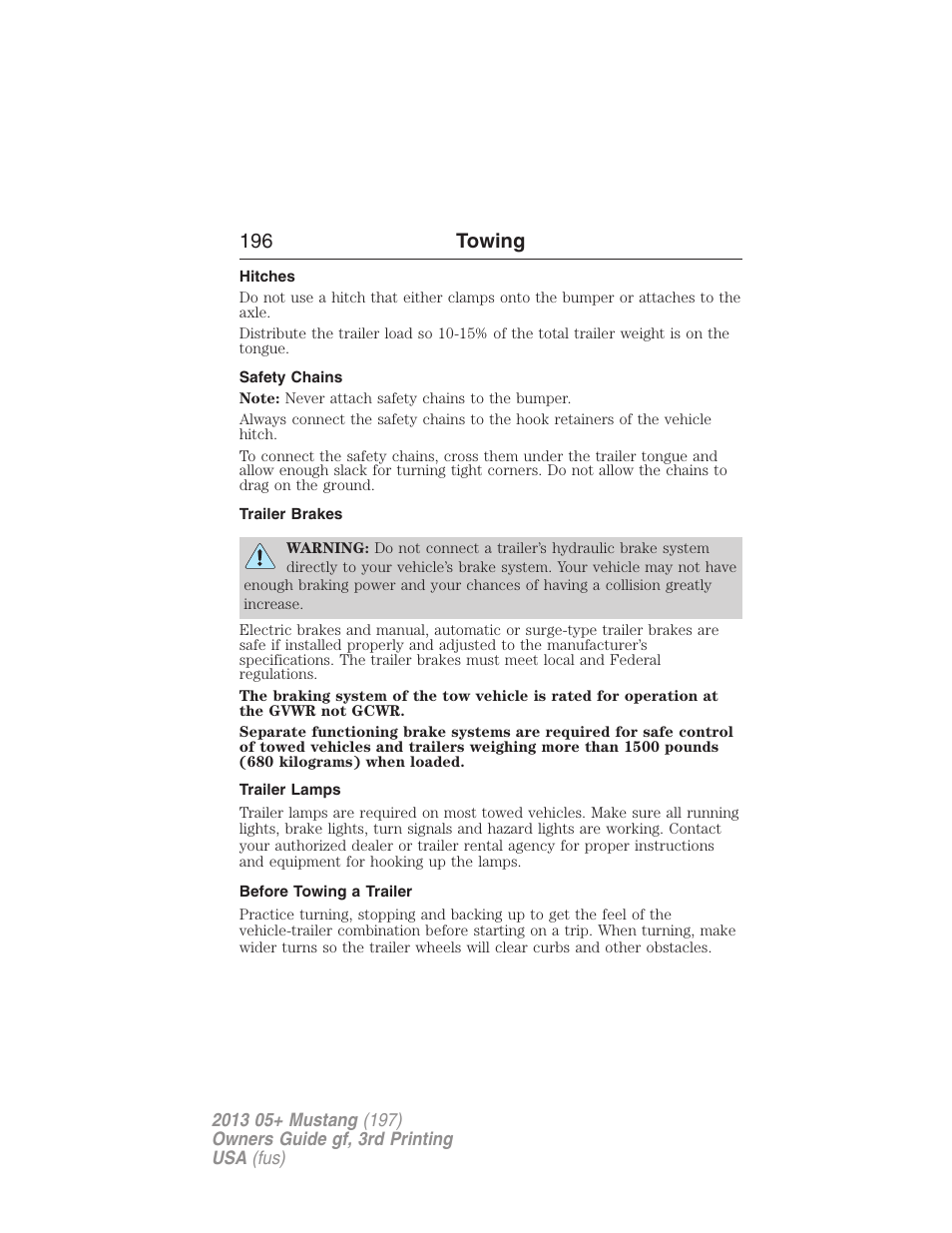 Hitches, Safety chains, Trailer brakes | Trailer lamps, Before towing a trailer, 196 towing | FORD 2013 Mustang v.3 User Manual | Page 197 / 447