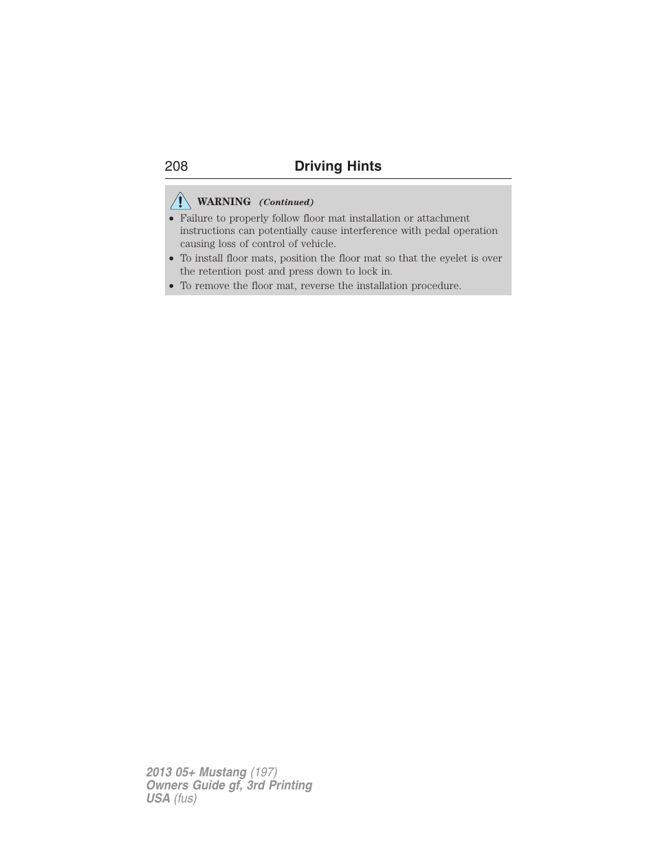 208 driving hints | FORD 2013 Mustang v.3 User Manual | Page 209 / 447