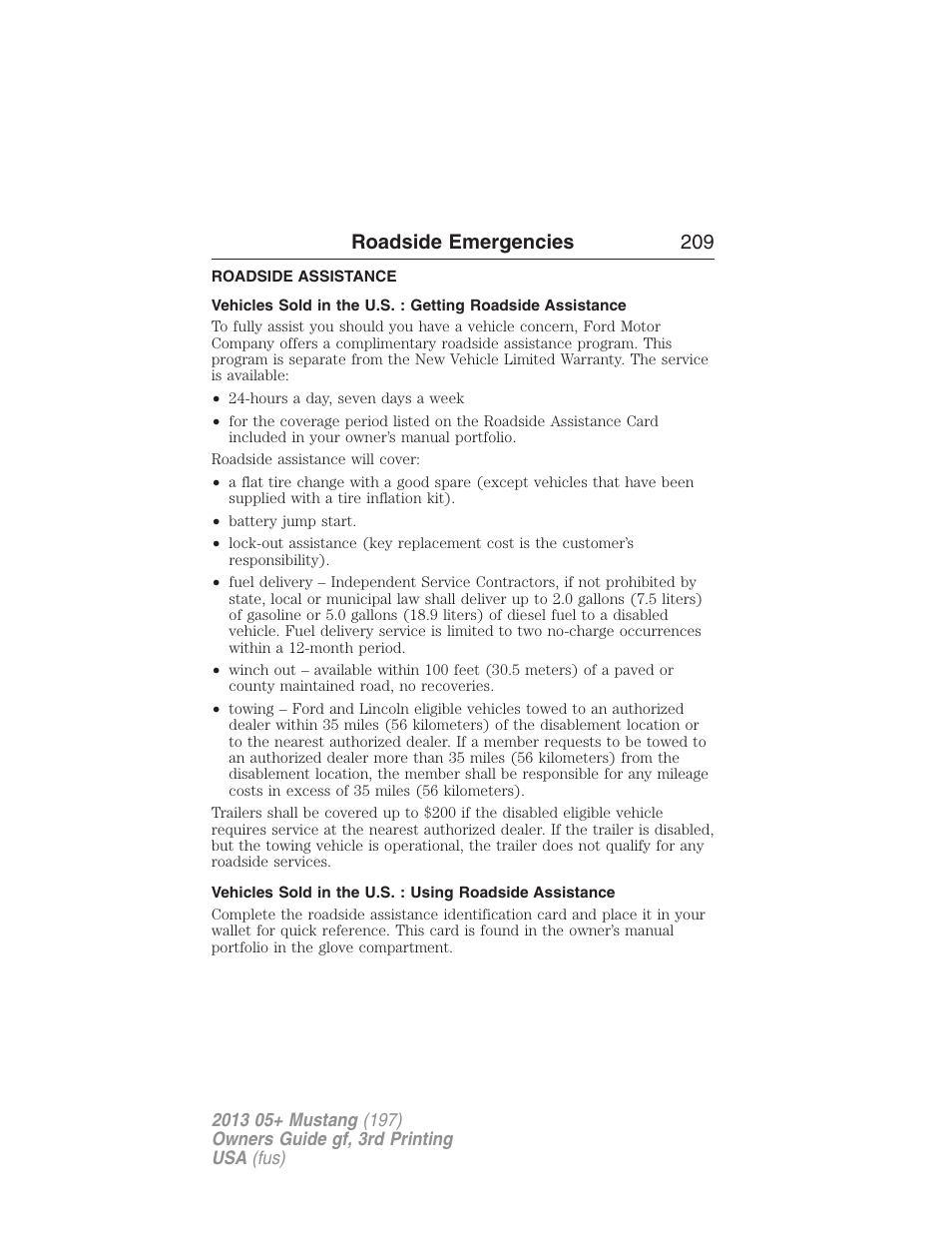 Roadside emergencies, Roadside assistance, Getting roadside assistance | Roadside emergencies 209 | FORD 2013 Mustang v.3 User Manual | Page 210 / 447