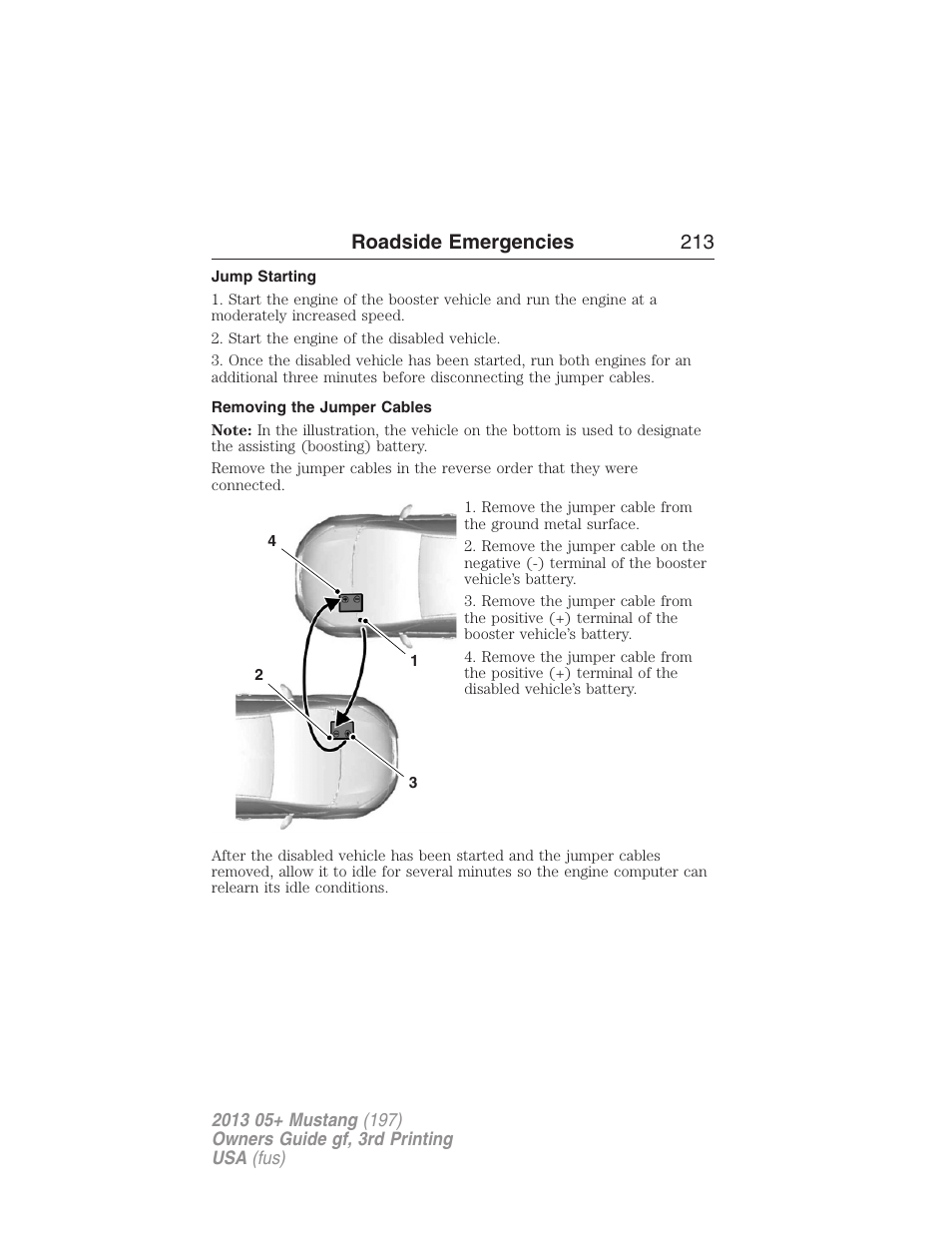 Jump starting, Removing the jumper cables, Roadside emergencies 213 | FORD 2013 Mustang v.3 User Manual | Page 214 / 447