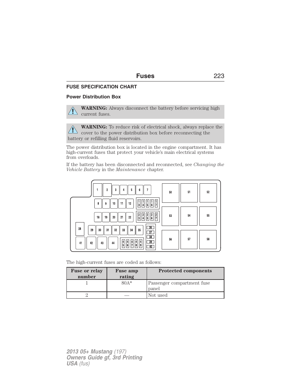 Fuse specification chart, Power distribution box, Fuses 223 | FORD 2013 Mustang v.3 User Manual | Page 224 / 447