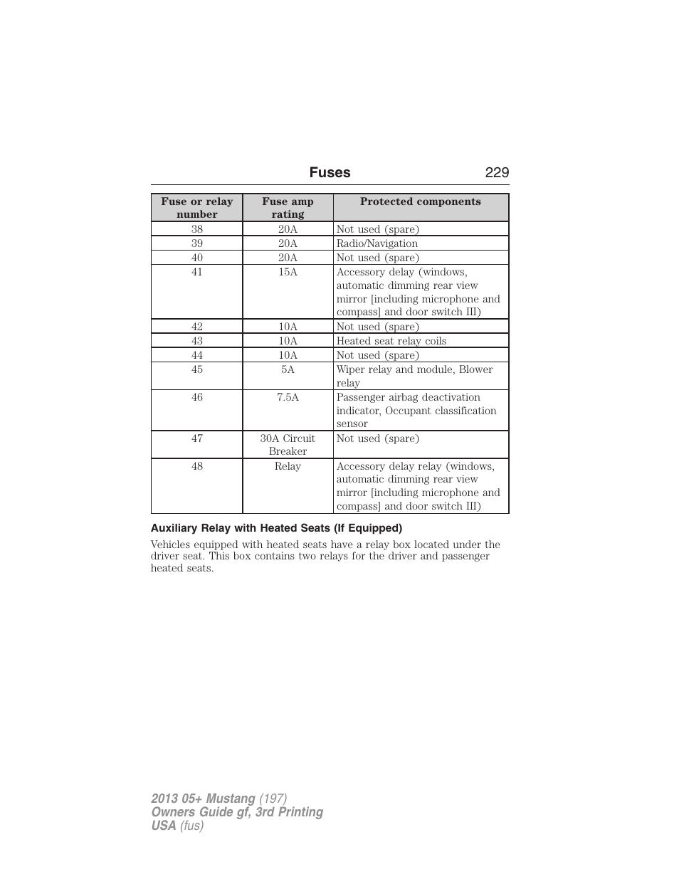 Auxiliary relay with heated seats (if equipped), Fuses 229 | FORD 2013 Mustang v.3 User Manual | Page 230 / 447