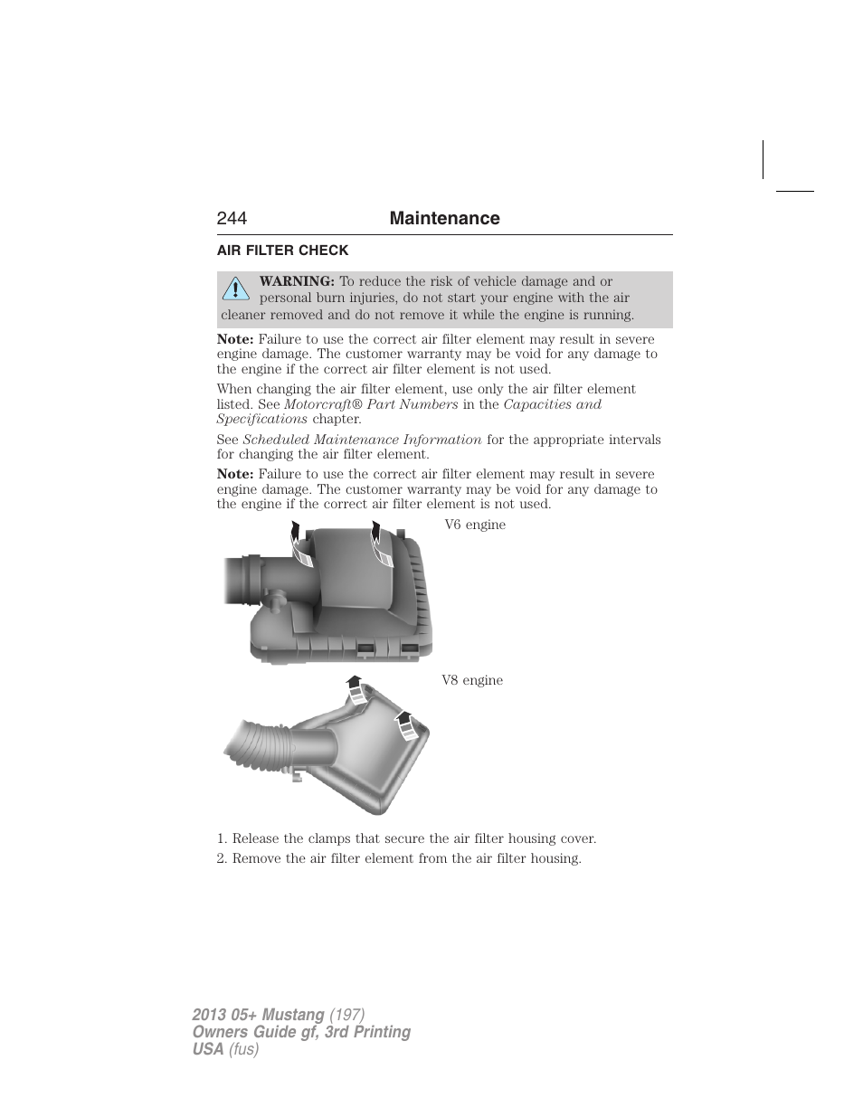 Air filter check, Air filter(s), 244 maintenance | FORD 2013 Mustang v.3 User Manual | Page 245 / 447