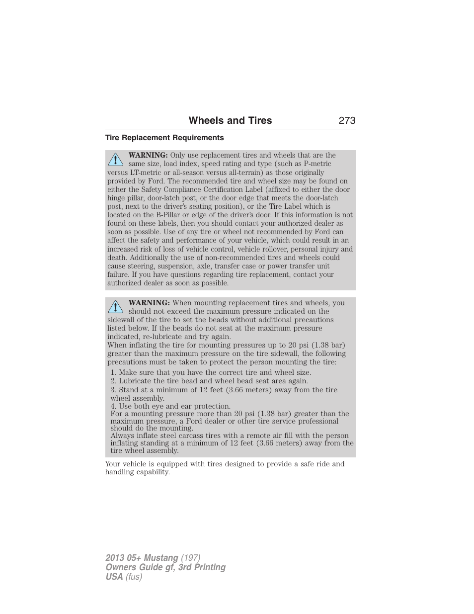 Tire replacement requirements, Wheels and tires 273 | FORD 2013 Mustang v.3 User Manual | Page 274 / 447