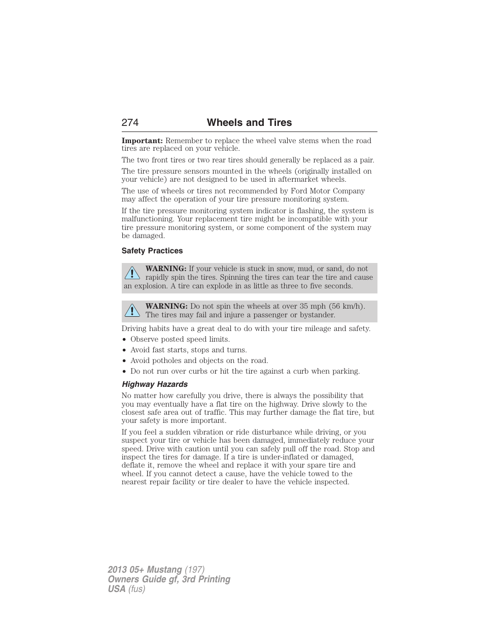 Safety practices, Highway hazards, 274 wheels and tires | FORD 2013 Mustang v.3 User Manual | Page 275 / 447