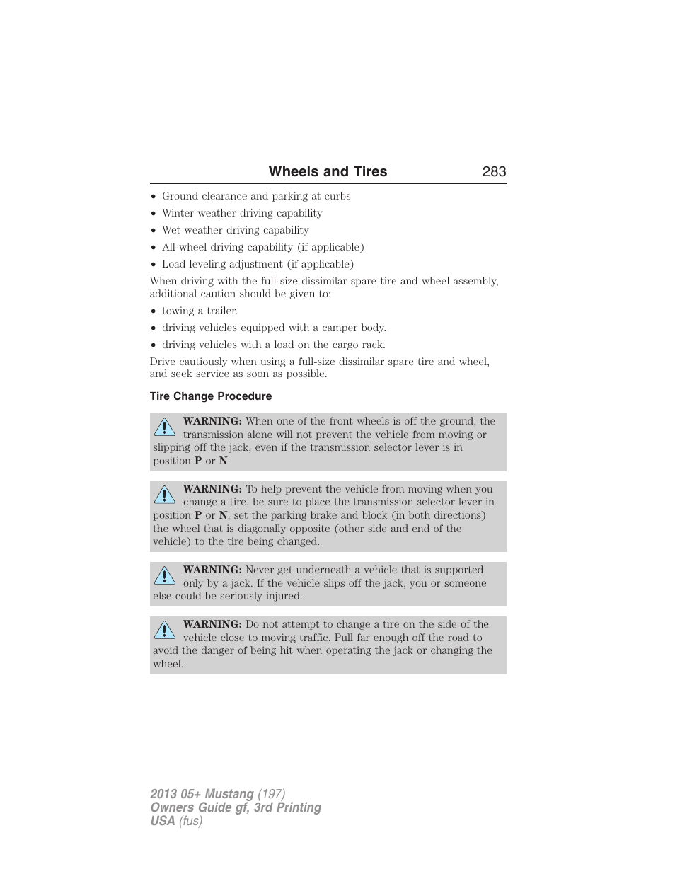 Tire change procedure, Wheels and tires 283 | FORD 2013 Mustang v.3 User Manual | Page 284 / 447