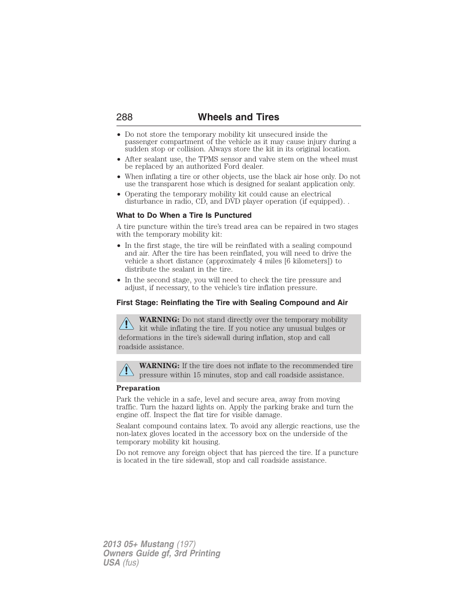 What to do when a tire is punctured, 288 wheels and tires | FORD 2013 Mustang v.3 User Manual | Page 289 / 447