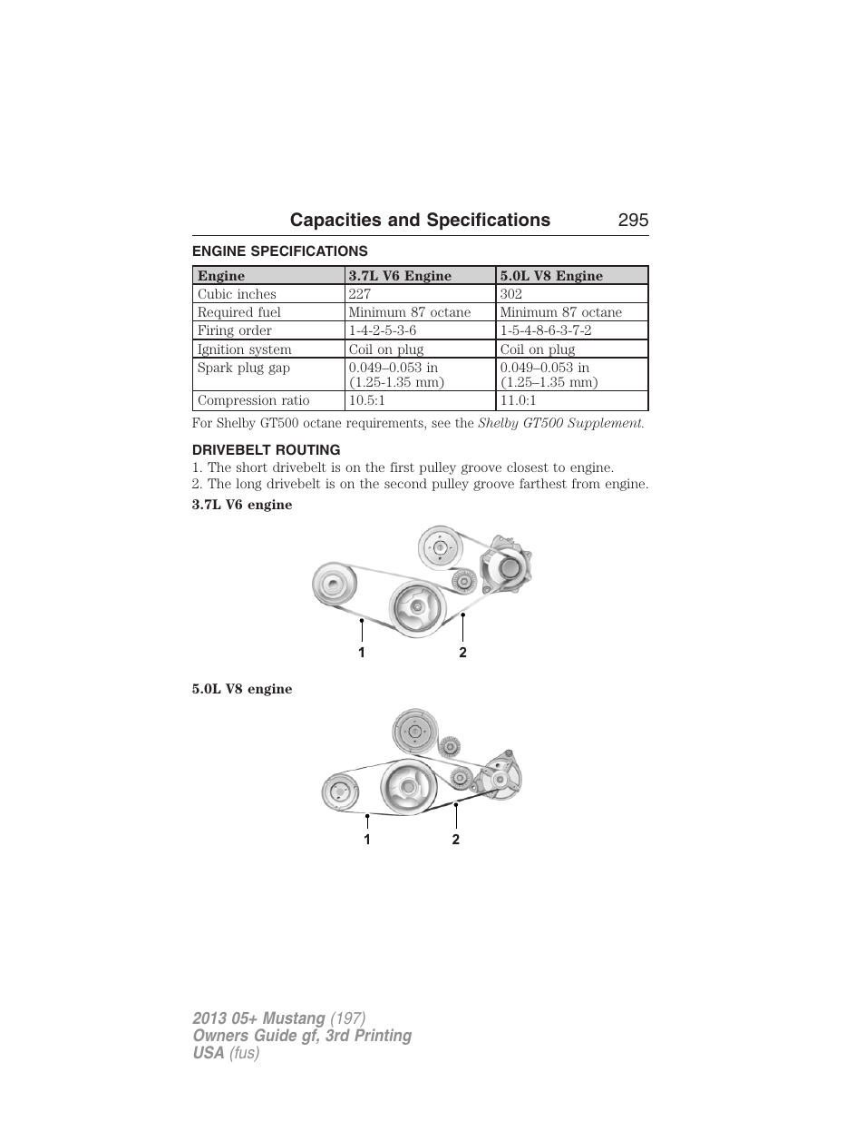 Capacities and specifications, Engine specifications, Drivebelt routing | Engine drivebelt, Capacities and specifications 295 | FORD 2013 Mustang v.3 User Manual | Page 296 / 447