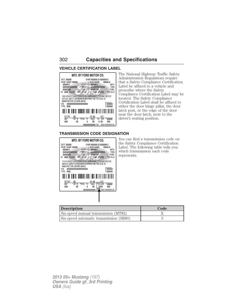 Vehicle certification label, Transmission code designation, 302 capacities and specifications | FORD 2013 Mustang v.3 User Manual | Page 303 / 447