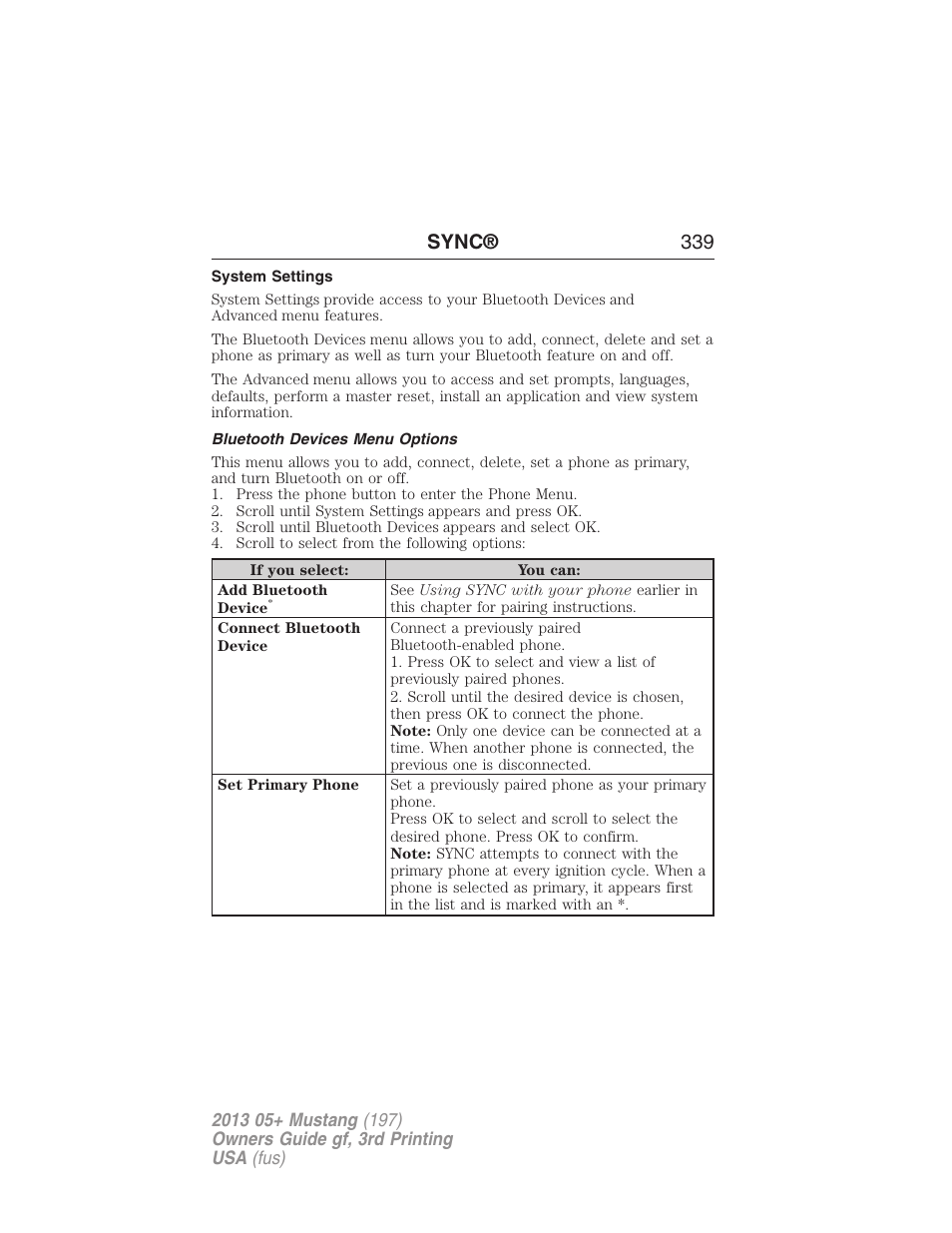System settings, Bluetooth devices menu options, Sync® 339 | FORD 2013 Mustang v.3 User Manual | Page 340 / 447
