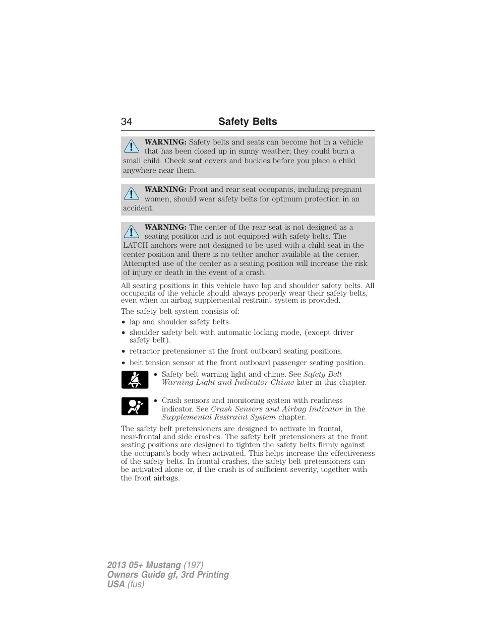 34 safety belts | FORD 2013 Mustang v.3 User Manual | Page 35 / 447