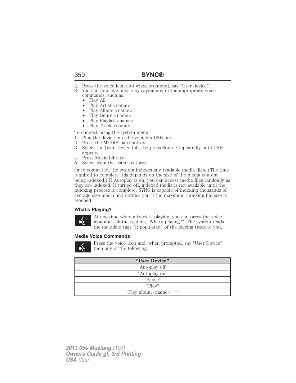 What’s playing, Media voice commands, 350 sync | FORD 2013 Mustang v.3 User Manual | Page 351 / 447
