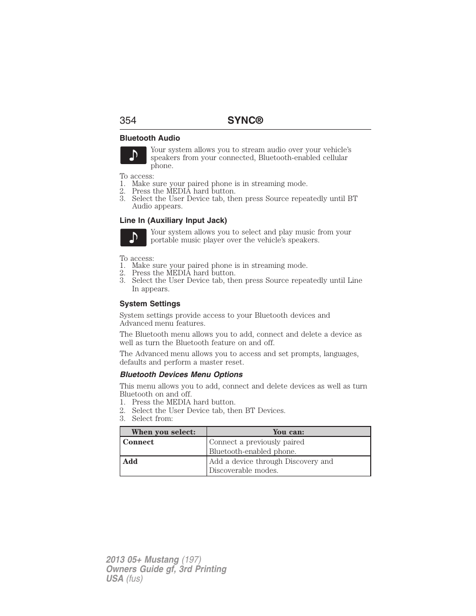 Bluetooth audio, Line in (auxiliary input jack), System settings | Bluetooth devices menu options, 354 sync | FORD 2013 Mustang v.3 User Manual | Page 355 / 447