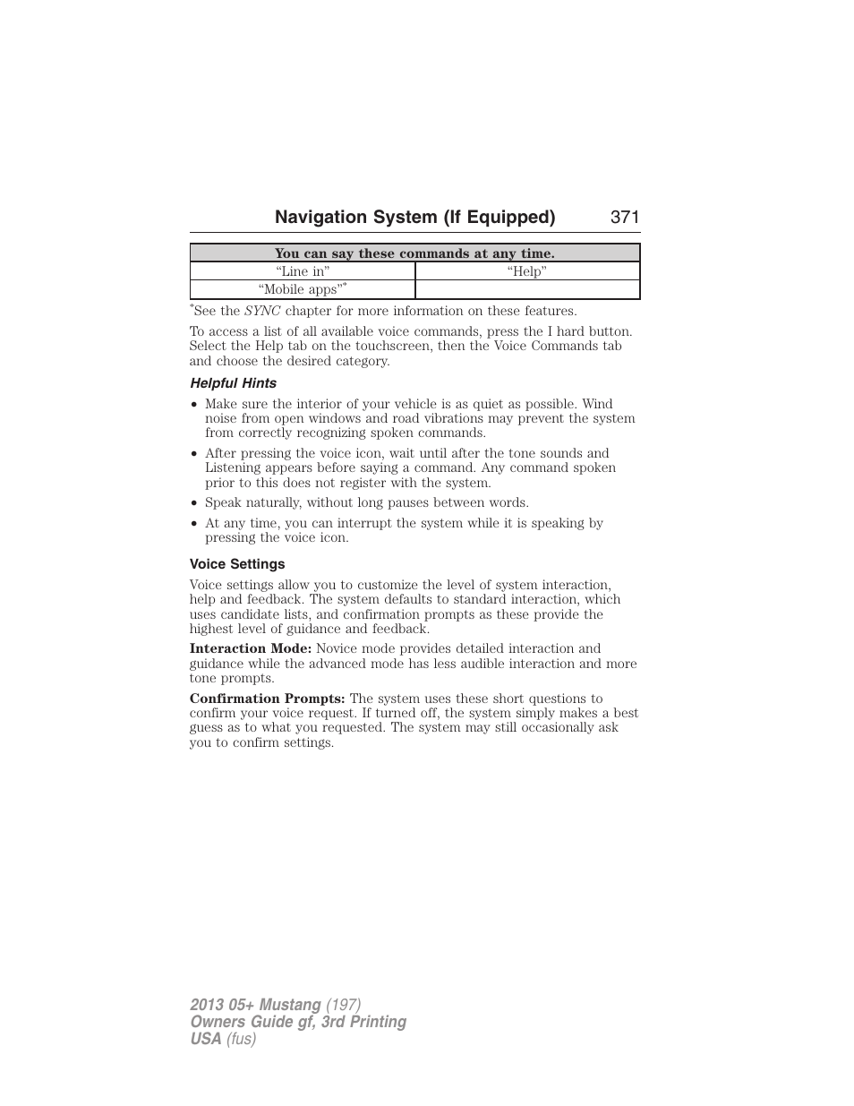 Helpful hints, Voice settings, Navigation system (if equipped) 371 | FORD 2013 Mustang v.3 User Manual | Page 372 / 447