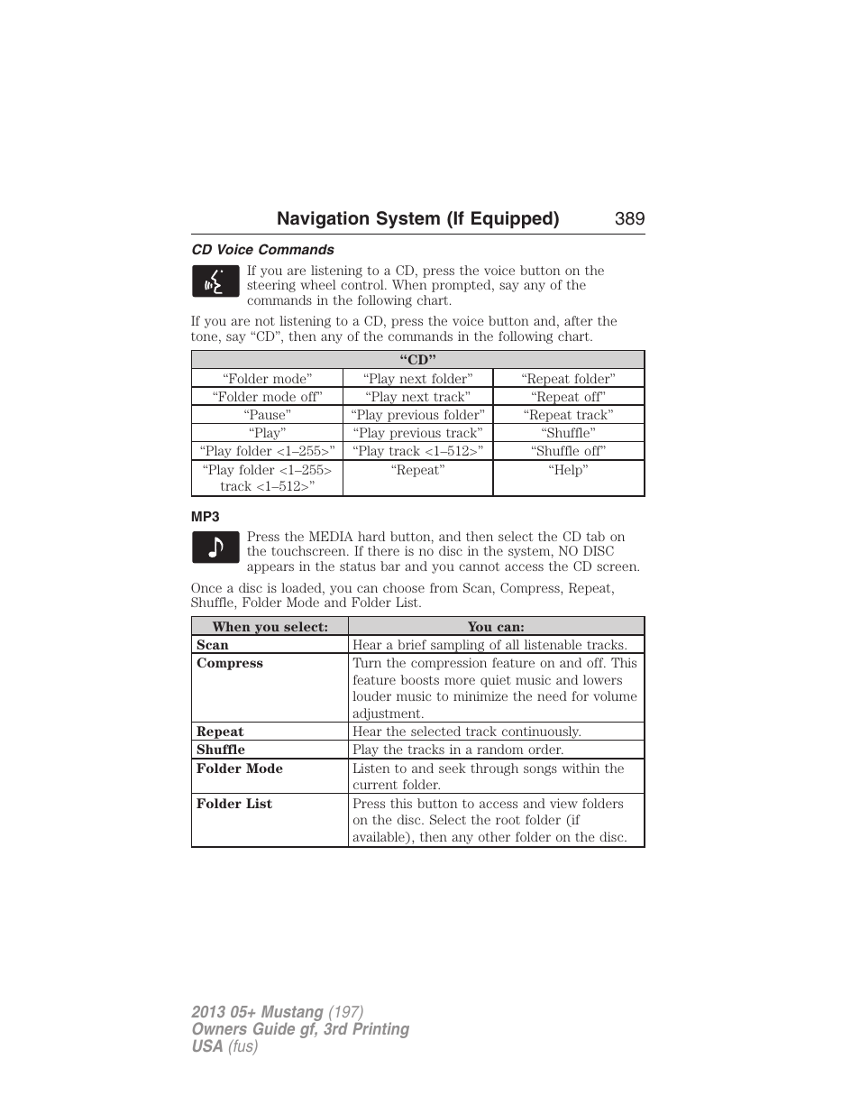 Cd voice commands, Navigation system (if equipped) 389 | FORD 2013 Mustang v.3 User Manual | Page 390 / 447