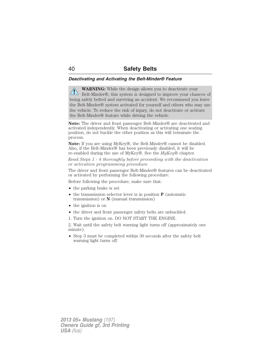 40 safety belts | FORD 2013 Mustang v.3 User Manual | Page 41 / 447