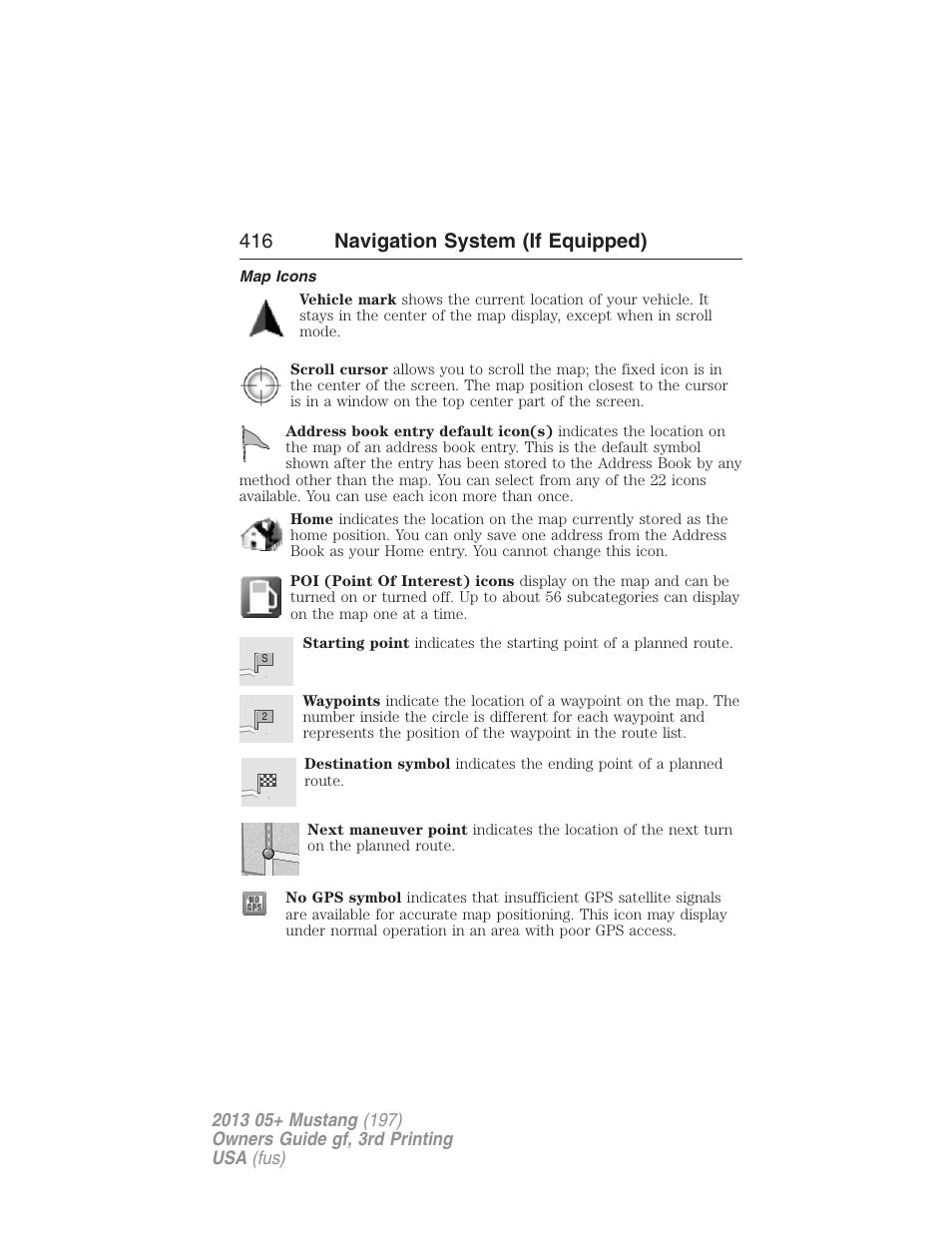Map icons, 416 navigation system (if equipped) | FORD 2013 Mustang v.3 User Manual | Page 417 / 447