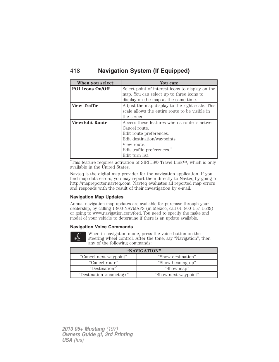 Navigation map updates, Navigation voice commands, 418 navigation system (if equipped) | FORD 2013 Mustang v.3 User Manual | Page 419 / 447