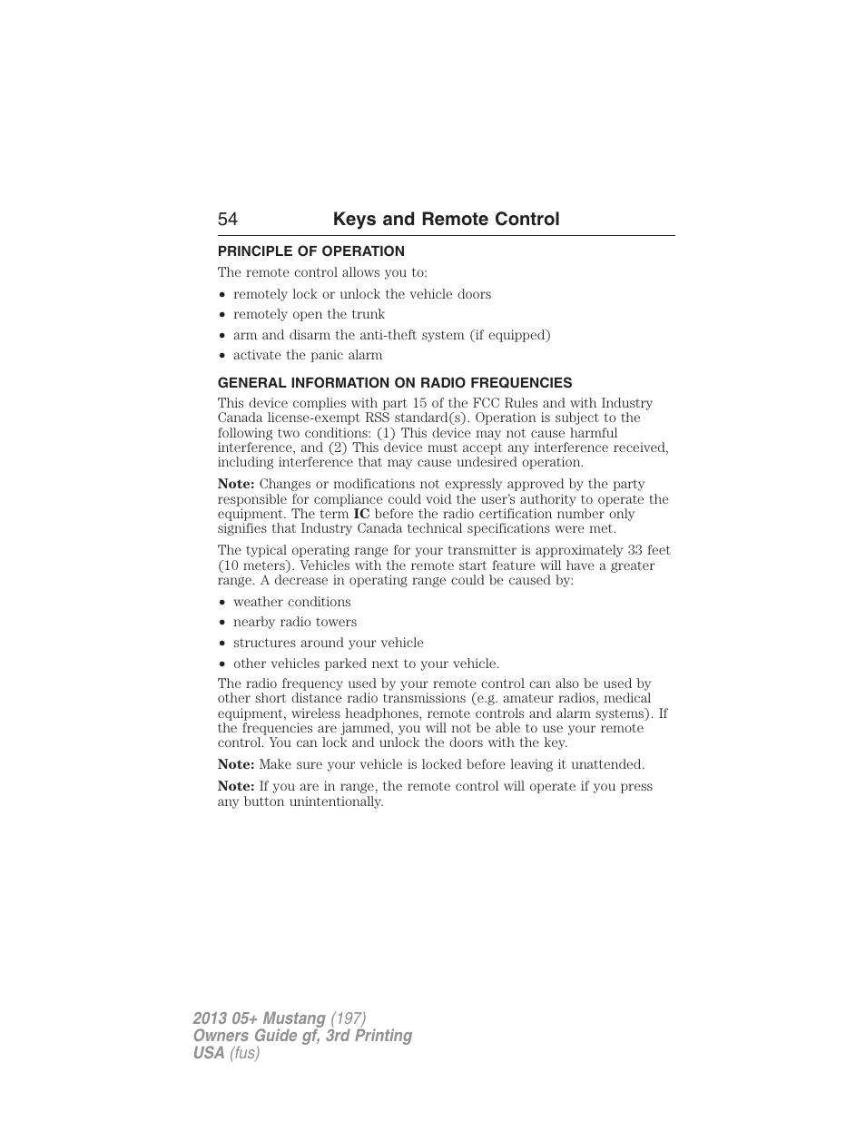 Keys and remote control, Principle of operation, General information on radio frequencies | 54 keys and remote control | FORD 2013 Mustang v.3 User Manual | Page 55 / 447