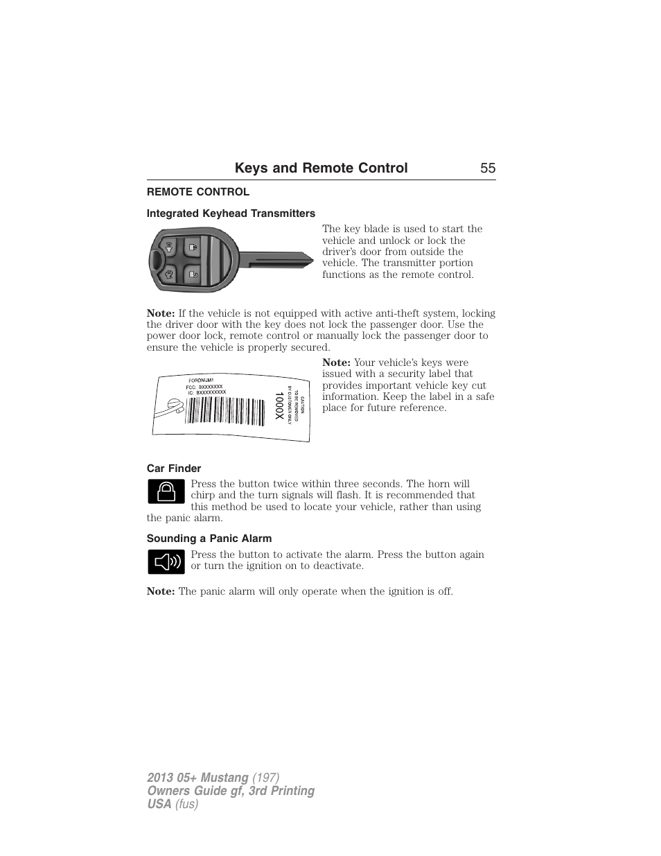 Remote control, Integrated keyhead transmitters, Car finder | Sounding a panic alarm, Keys, Keys and remote control 55 | FORD 2013 Mustang v.3 User Manual | Page 56 / 447