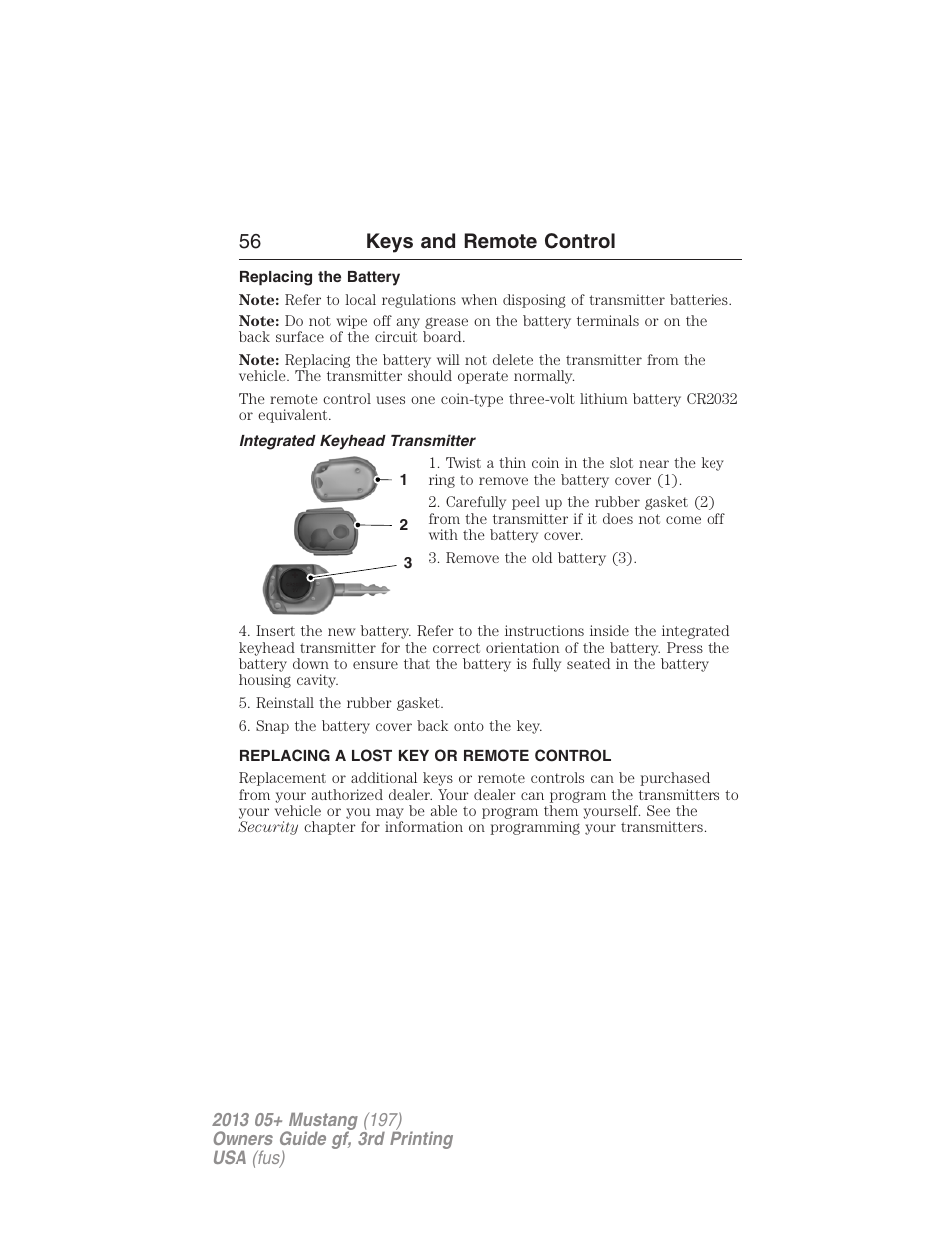 Replacing the battery, Integrated keyhead transmitter, Replacing a lost key or remote control | 56 keys and remote control | FORD 2013 Mustang v.3 User Manual | Page 57 / 447