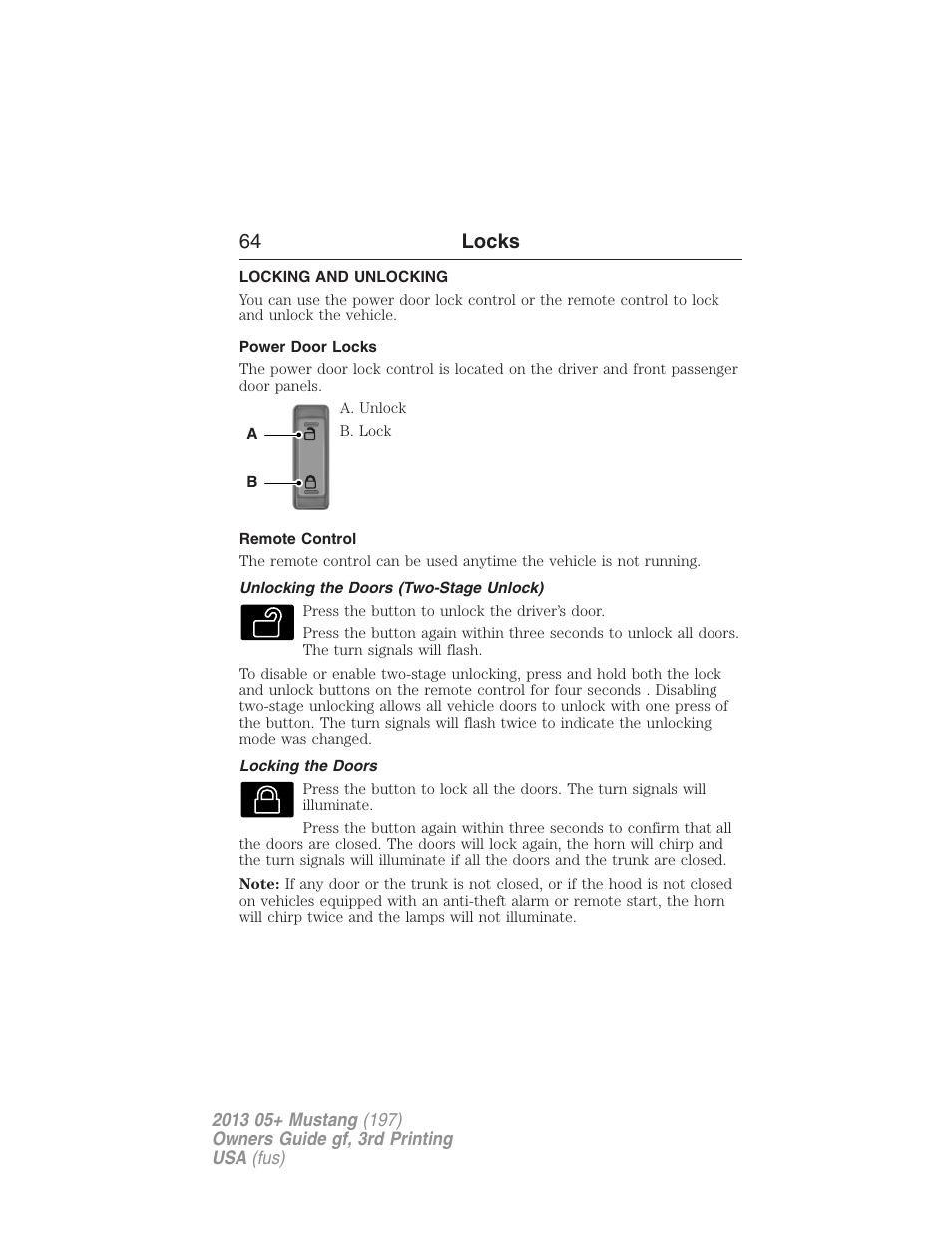 Locks, Locking and unlocking, Power door locks | Remote control, Unlocking the doors (two-stage unlock), Locking the doors, 64 locks | FORD 2013 Mustang v.3 User Manual | Page 65 / 447