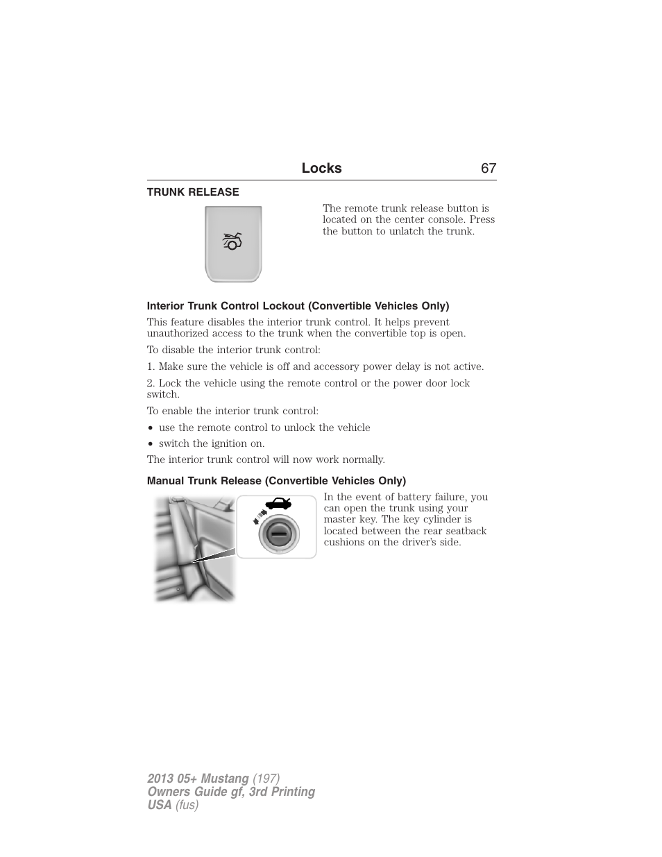 Trunk release, Manual trunk release (convertible vehicles only), Locks 67 | FORD 2013 Mustang v.3 User Manual | Page 68 / 447