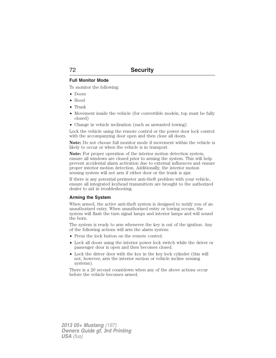 Full monitor mode, Arming the system, 72 security | FORD 2013 Mustang v.3 User Manual | Page 73 / 447