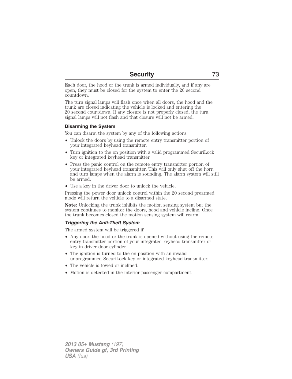 Disarming the system, Triggering the anti-theft system, Security 73 | FORD 2013 Mustang v.3 User Manual | Page 74 / 447