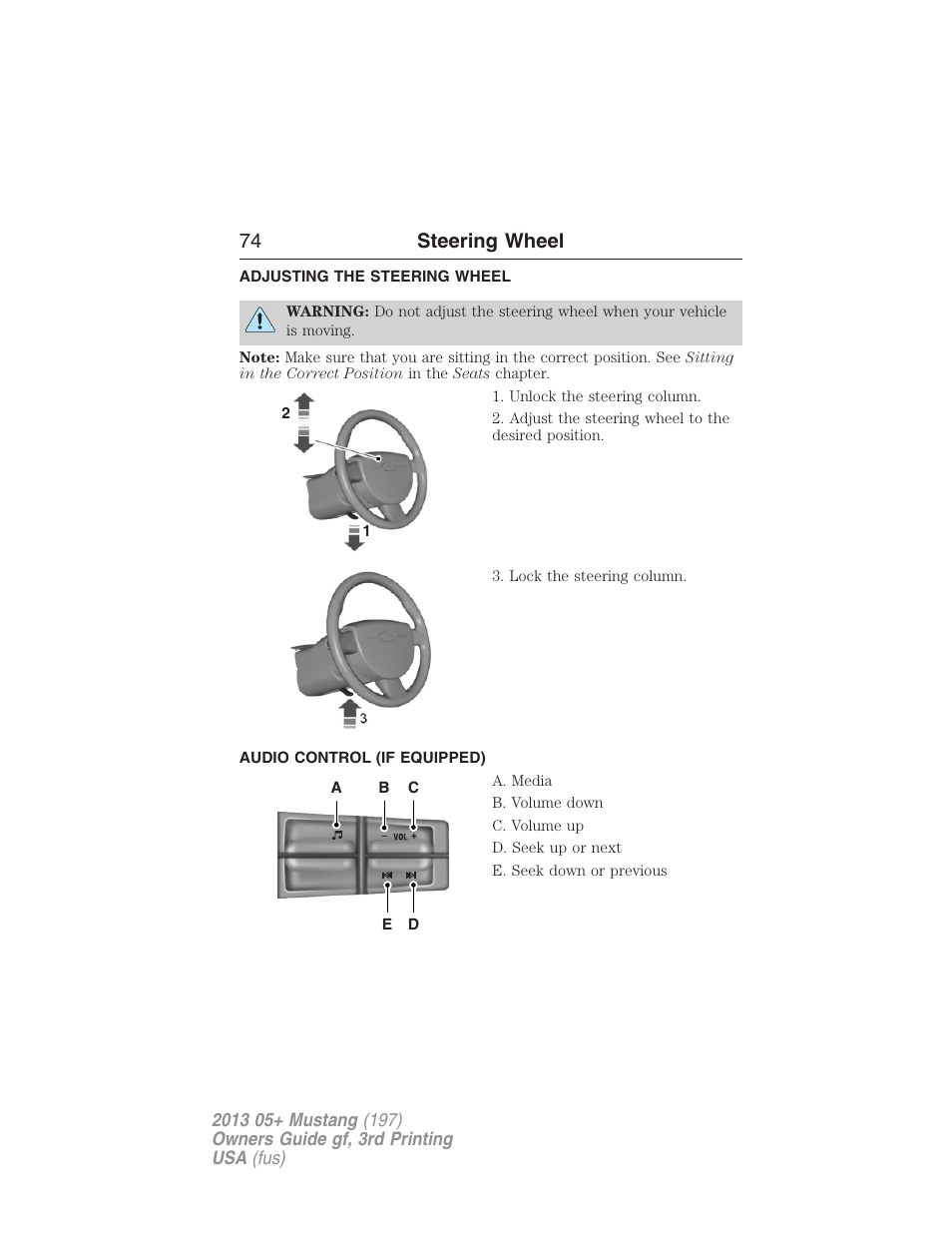 Steering wheel, Adjusting the steering wheel, Audio control (if equipped) | Steering wheel controls, 74 steering wheel | FORD 2013 Mustang v.3 User Manual | Page 75 / 447