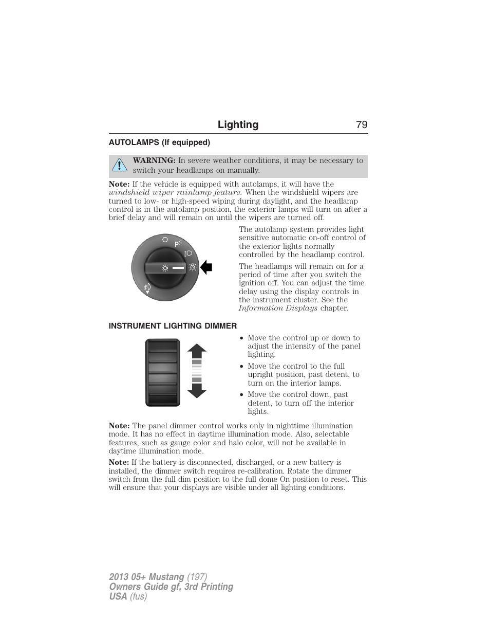 Autolamps (if equipped), Instrument lighting dimmer, Autolamps | Lighting 79 | FORD 2013 Mustang v.3 User Manual | Page 80 / 447