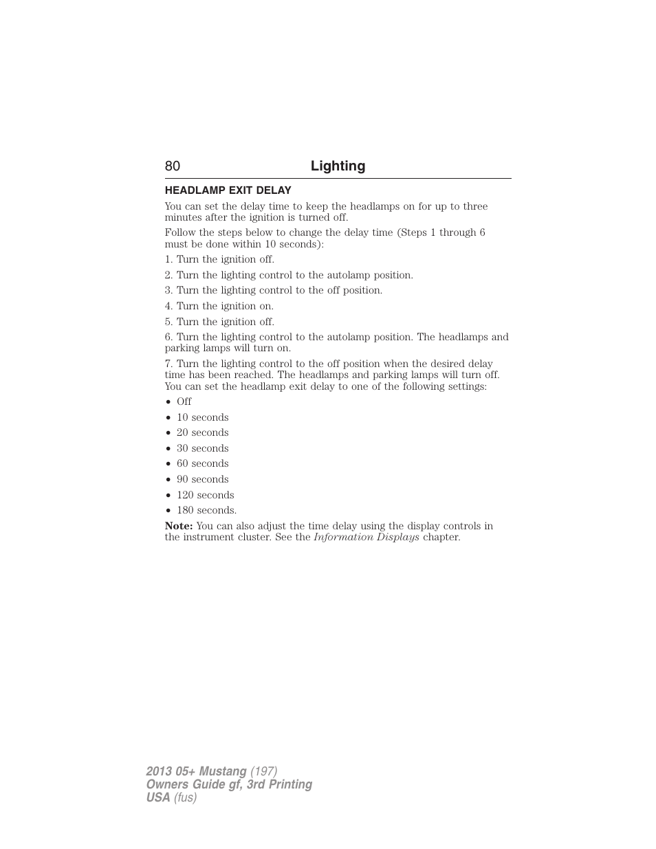 Headlamp exit delay, 80 lighting | FORD 2013 Mustang v.3 User Manual | Page 81 / 447