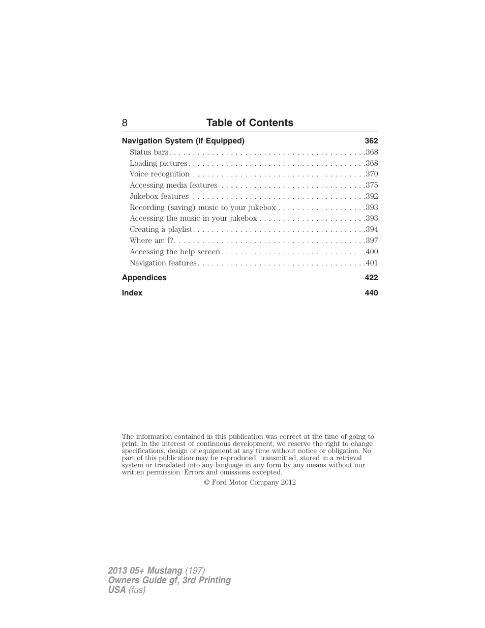 8table of contents | FORD 2013 Mustang v.3 User Manual | Page 9 / 447