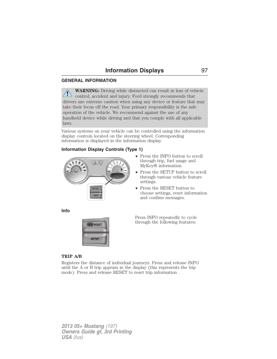 Information displays, General information, Information display controls (type 1) | Info, Controls, Information displays 97 | FORD 2013 Mustang v.3 User Manual | Page 98 / 447