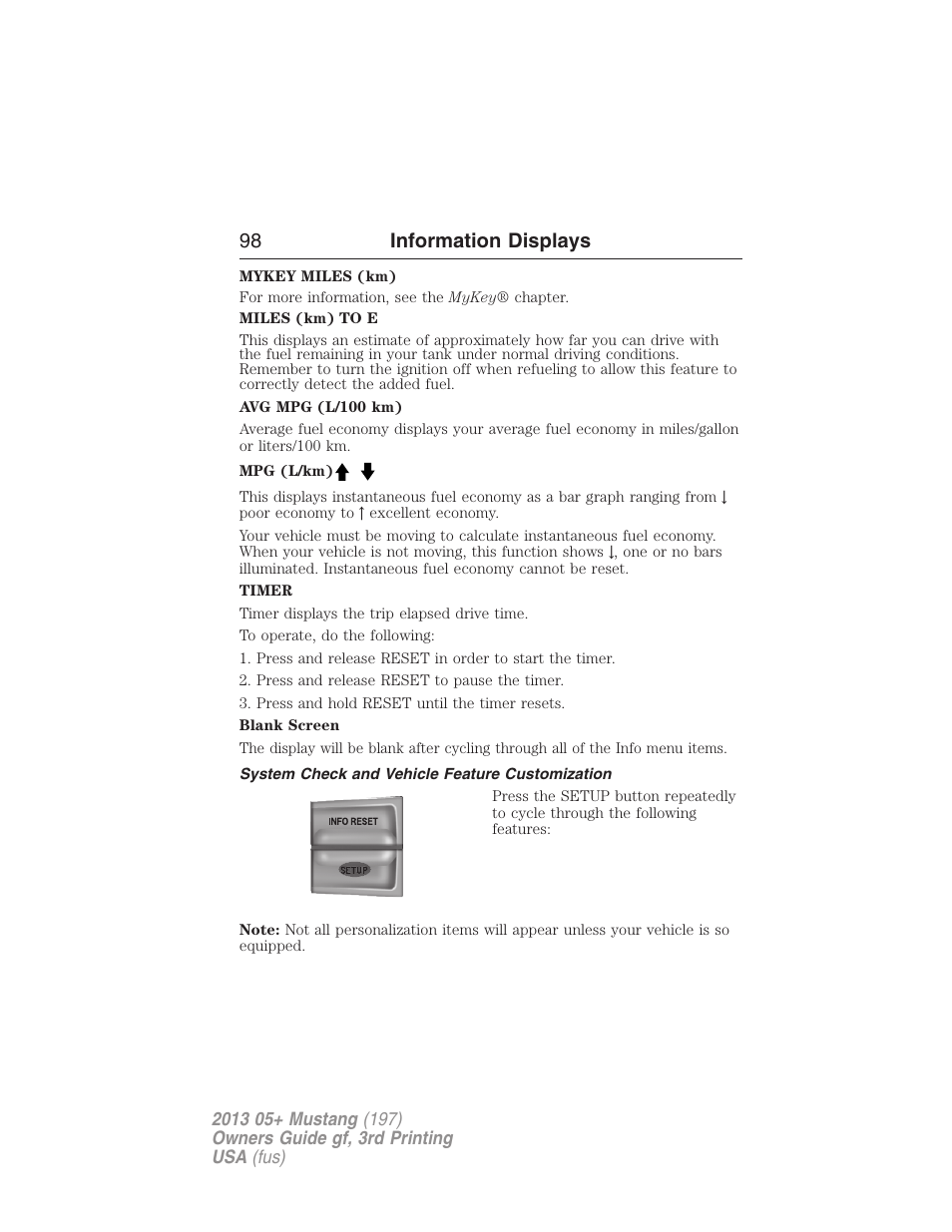 System check and vehicle feature customization, 98 information displays | FORD 2013 Mustang v.3 User Manual | Page 99 / 447
