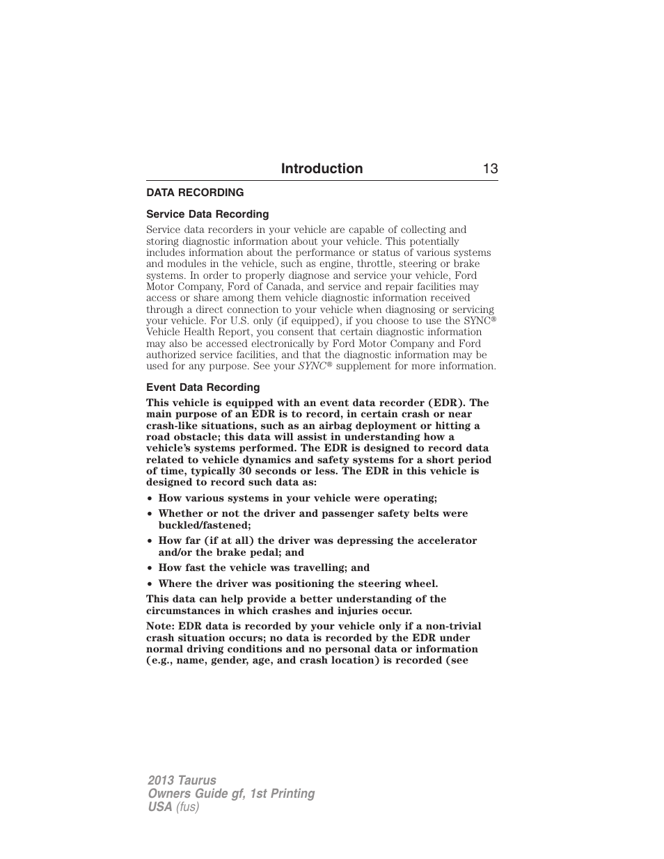 Data recording, Service data recording, Event data recording | Introduction 13 | FORD 2013 Taurus v.1 User Manual | Page 13 / 541