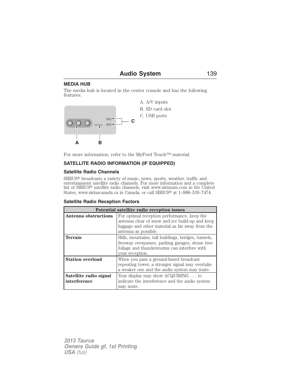 Media hub, Satellite radio information (if equipped), Satellite radio channels | Satellite radio reception factors, Satellite radio information, Audio system 139 | FORD 2013 Taurus v.1 User Manual | Page 139 / 541