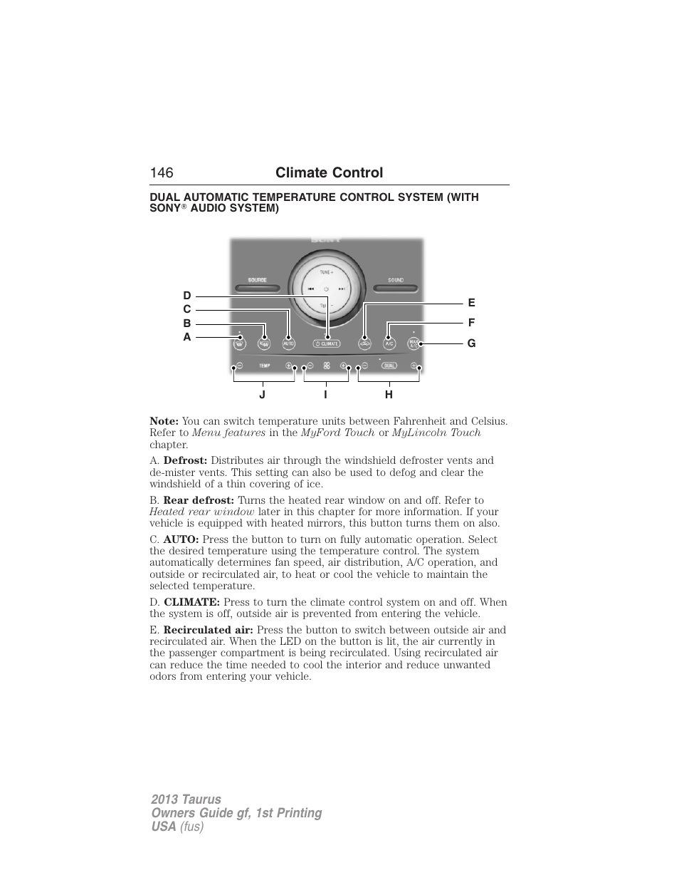 146 climate control | FORD 2013 Taurus v.1 User Manual | Page 146 / 541