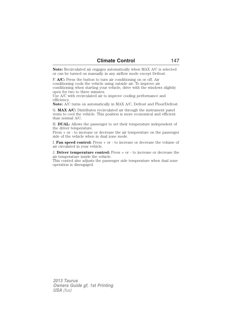 Climate control 147 | FORD 2013 Taurus v.1 User Manual | Page 147 / 541