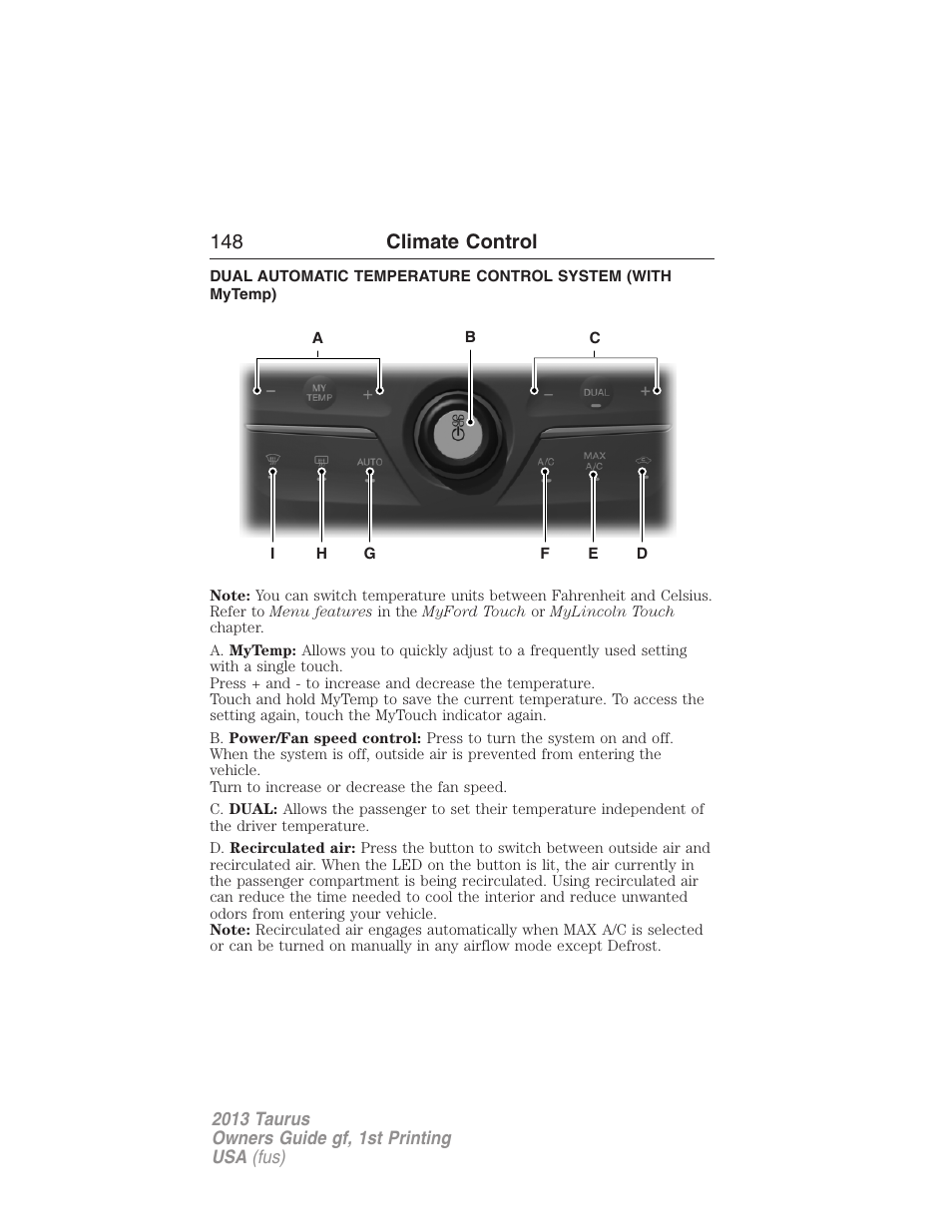 148 climate control | FORD 2013 Taurus v.1 User Manual | Page 148 / 541