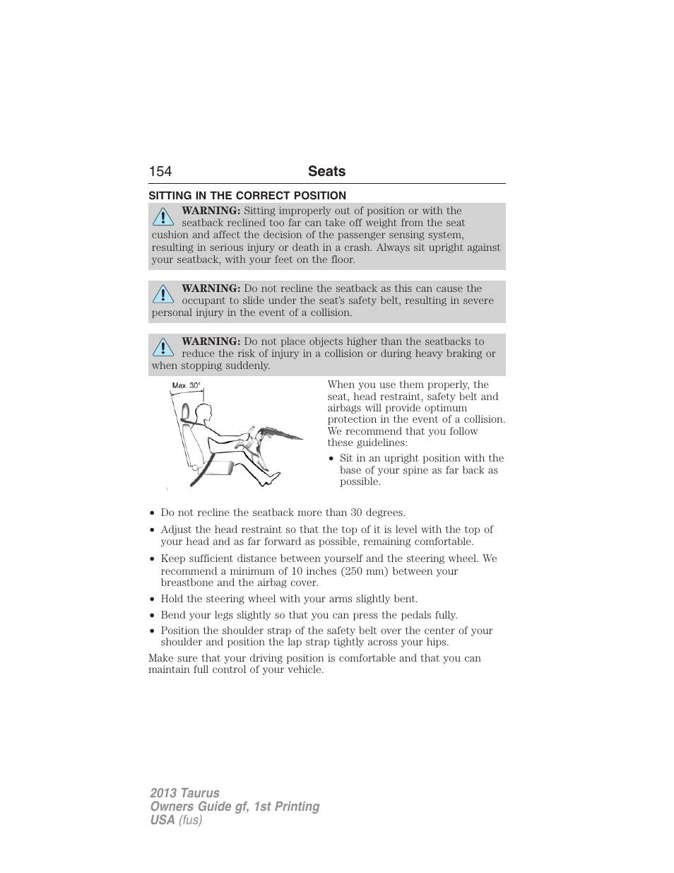 Seats, Sitting in the correct position, 154 seats | FORD 2013 Taurus v.1 User Manual | Page 154 / 541