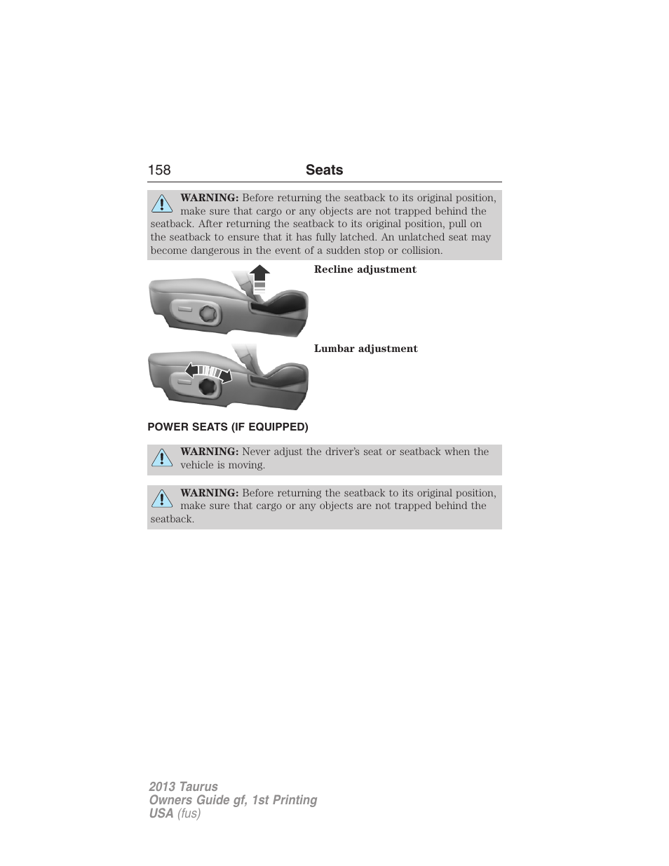 Power seats (if equipped), Power seats, 158 seats | FORD 2013 Taurus v.1 User Manual | Page 158 / 541