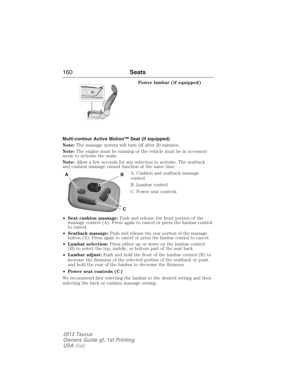 Multi-contour active motion™ seat (if equipped), 160 seats | FORD 2013 Taurus v.1 User Manual | Page 160 / 541