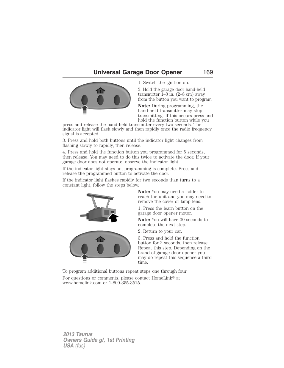 Universal garage door opener 169 | FORD 2013 Taurus v.1 User Manual | Page 169 / 541