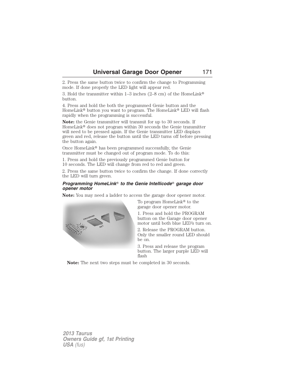 Universal garage door opener 171 | FORD 2013 Taurus v.1 User Manual | Page 171 / 541