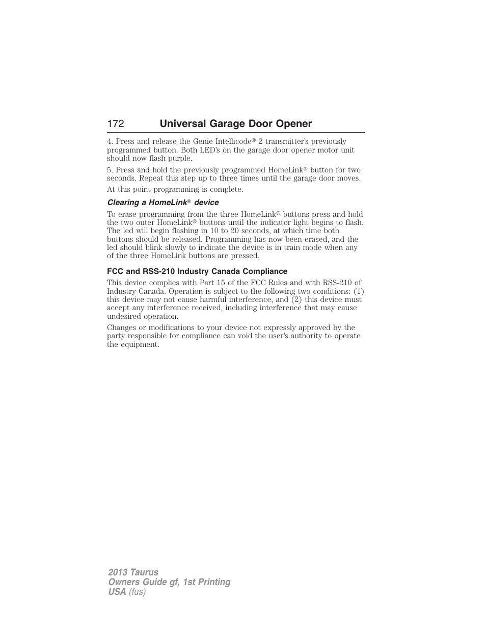 Clearing a homelink? device, Fcc and rss-210 industry canada compliance, 172 universal garage door opener | FORD 2013 Taurus v.1 User Manual | Page 172 / 541