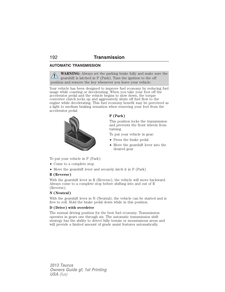 Transmission, Automatic transmission, 192 transmission | FORD 2013 Taurus v.1 User Manual | Page 192 / 541