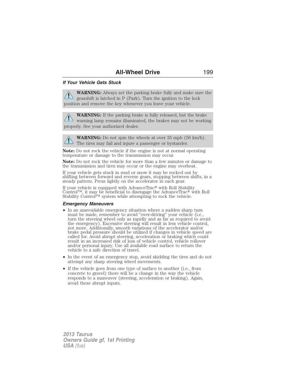 If your vehicle gets stuck, Emergency maneuvers, All-wheel drive 199 | FORD 2013 Taurus v.1 User Manual | Page 199 / 541