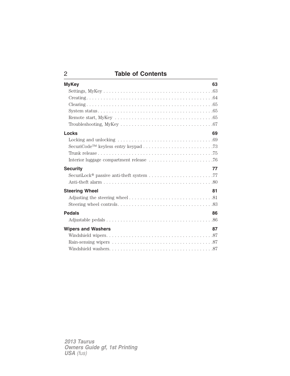 2table of contents | FORD 2013 Taurus v.1 User Manual | Page 2 / 541